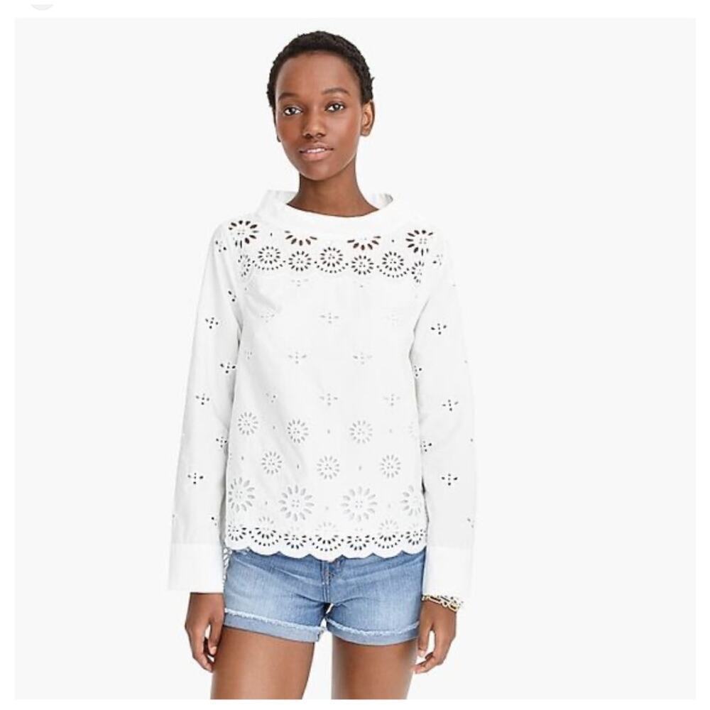 J.crew Womens Eyelet Blouse Size 4 White Top Bee Pattern Preppy Classic Office